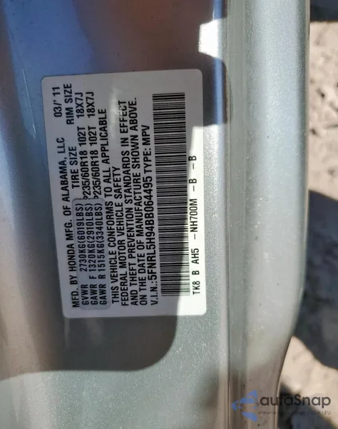 2011 Honda Odyssey Touring z USA, uszkodzony, nr VIN 5FNRL5H94BB064495